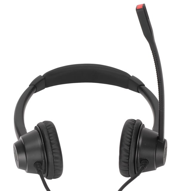 RJ9 Binaural Office Headset in black, featuring a long cable, built-in HD noise-cancelling microphone, and soft ear pads for comfort. Designed for conference calls and call center use, it includes an adjustable headband and unidirectional microphone for clear communication. Compatible with devices using an RJ9 plug.