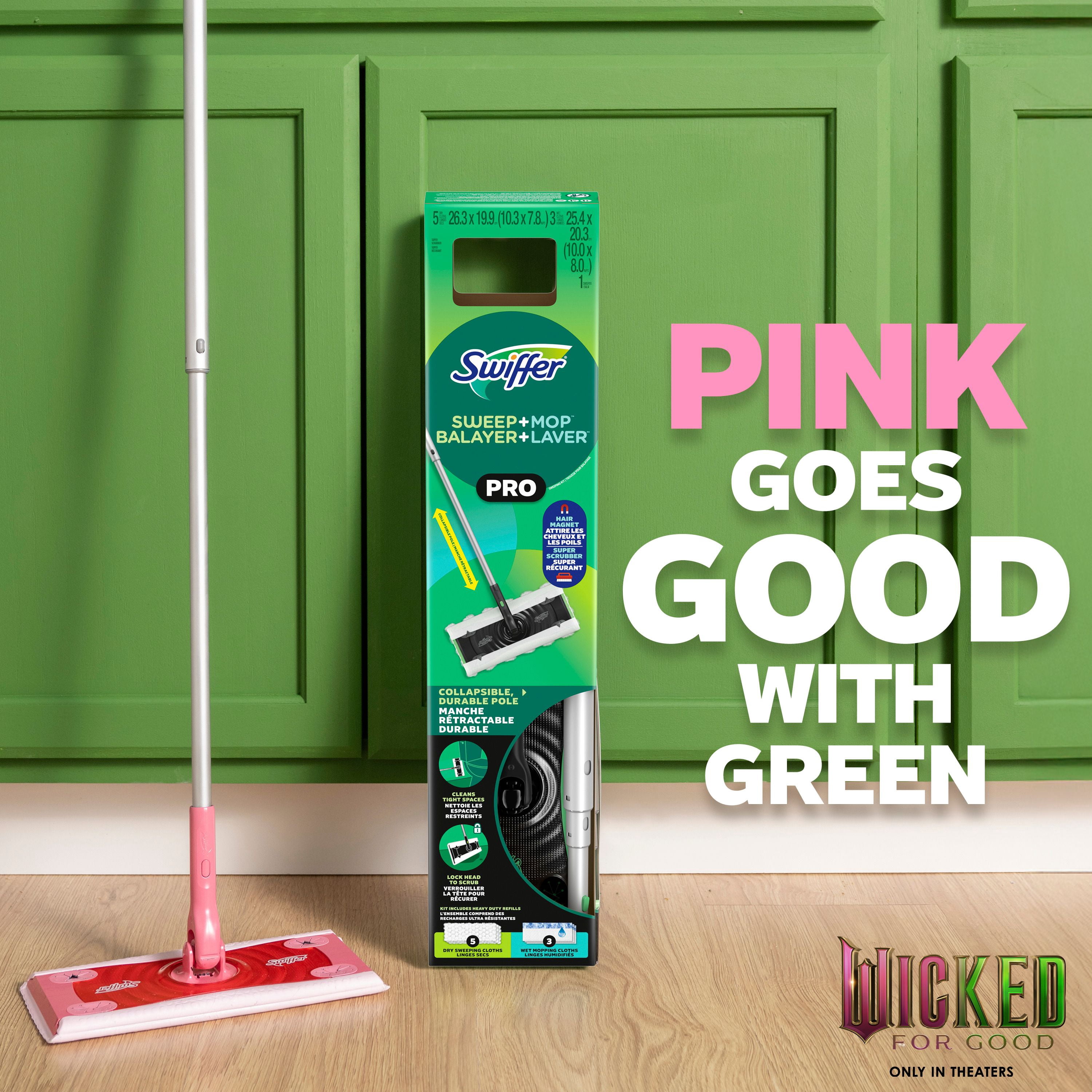 Swiffer Balayer et laver Pro, MÉCHANT SÉRIE Rose LIMITÉE, trousse pour balayage et de lavage 2 en 1 pour les planchers, trousse de nettoyage multi-surfaces, la trousse comprend 1 balai, 5 linges secs