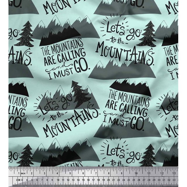 Soimoi Green Poly Georgette Fabric Mountains & Text Printed Fabric 1 Yard 42 Inch Wide