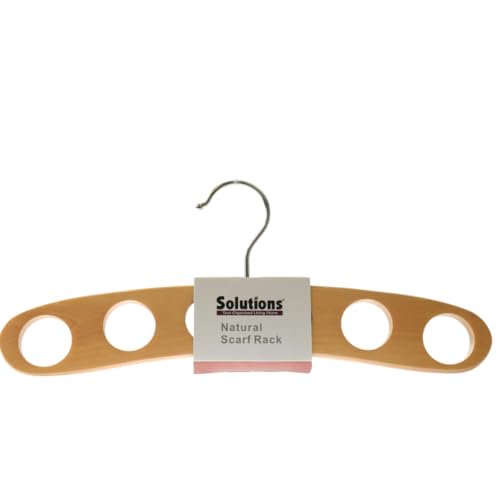 Solutions Your Organized Living Storage 6 Holes Wood Scarf Hanger in a natural wood finish. This hanger features six circular ring hole slots for organizing scarves, ties, belts, or lightweight accessories. The durable wooden construction includes a metal hook for easy hanging in closets or on hooks.
