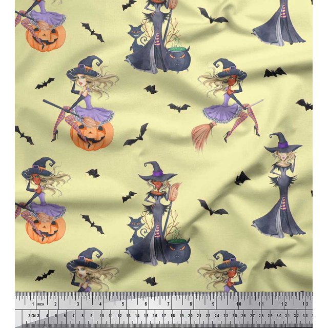 Soimoi Rayon Fabric Magic Potion,Bat & Witch Halloween Decor Fabric Printed Yard 42 Inch Wide