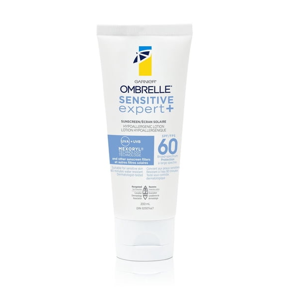 Garnier Ombrelle Sensitive Expert Crème Solaire pour le Corps SPF 60, Hypoallergénique, Pour Les Peaux Les Plus Sensibles, 200 mL
