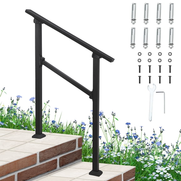 1Pack Metal Handrails for 2 Step Indoor & Outdoor Stairs - Adjustable Height Staircase Railing Kit for Porch, Deck or Concrete Steps Matte Black