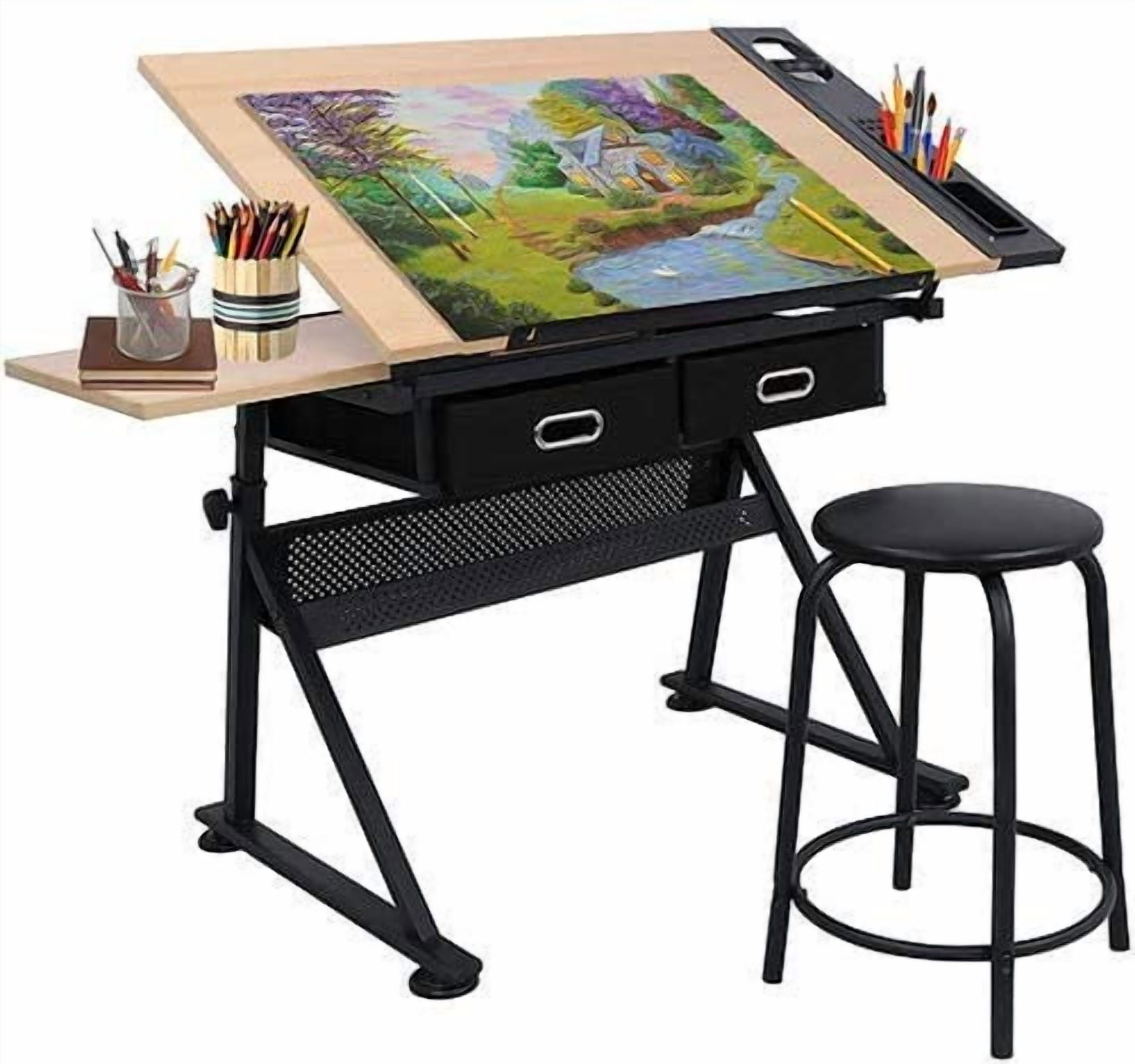 BBBuy MDF Drafting Table Desk Art&Craft Work Station Drawing Desk Height Adjustable Craft Table w/Stool and 3 Storage Drawers for Home Office School Study Room