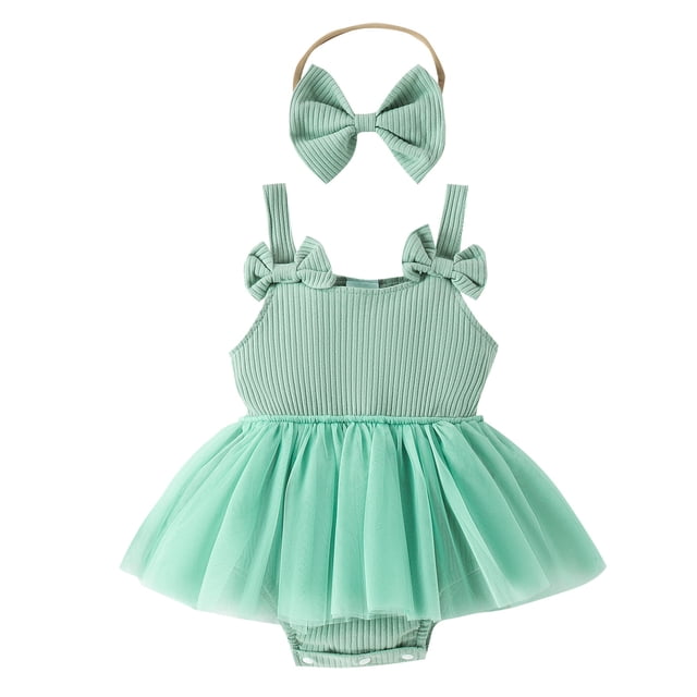 MIASHUI Girls Sleeveless Rib Romper Skirts with Bowknot Headbands Outfits,Green,12-18 Months