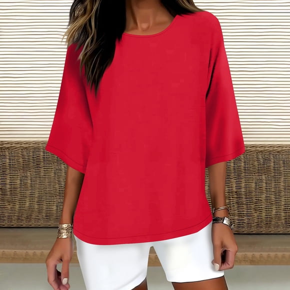 Pisexur Womens Tops 3/4 Length Sleeve Tops for Women Blouse Women's Solid Color Crew Neck Shirt 3/4 Sleeve Casual Red,S