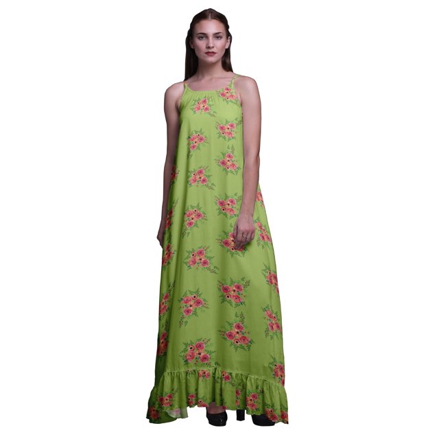 Bimba Robe de Nuit Longue Vert Pâle à Imprimé Floral pour Femmes, Bretelles Spaghetti, Maxi, Tenue de Sommeil, Taille Moyenne
