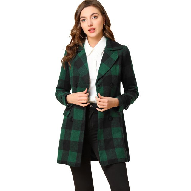 INSPIRE CHIC Women's Notched Lapel Double Breasted Plaids Overcoat
