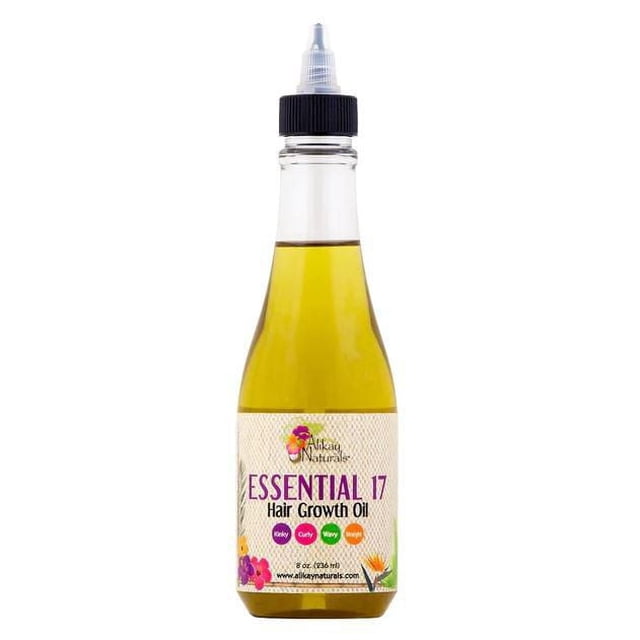 Alikay Naturals Essential 17 Huile pour la Pousse des Cheveux dans une Bouteille en Plastique Transparente avec Bouchon à Vis Noir et Embout Applicateur Pointu, Contenant de l'Huile Jaune, Formulée pour Nourrir le Cuir Chevelu et Stimuler les Follicules Capillaires pour une Croissance Plus Rapide, Convient aux Cheveux Crépus, Bouclés, Ondulés et Raides, 8 oz (236 ml).