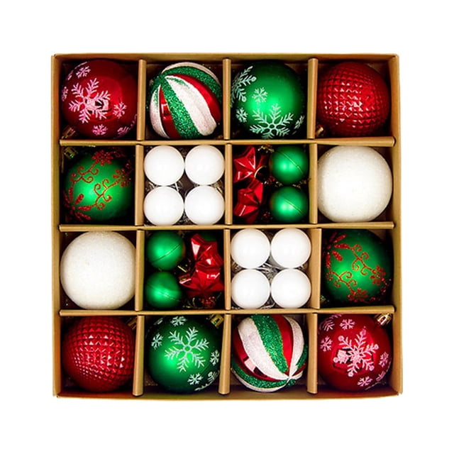 Pisexur Christmas Balls Ornaments for Xmas Tree, a 44-piece set of shatterproof decorations in red, green, and white. The ornaments feature various designs, including snowflakes, stripes, and solid colors, and come with lanyards for easy hanging. Made of durable plastic, these lightweight ornaments are safe for children and pets. Perfect for decorating Christmas trees, table centerpieces, and party venues. Packaged in a divided box for organized storage.