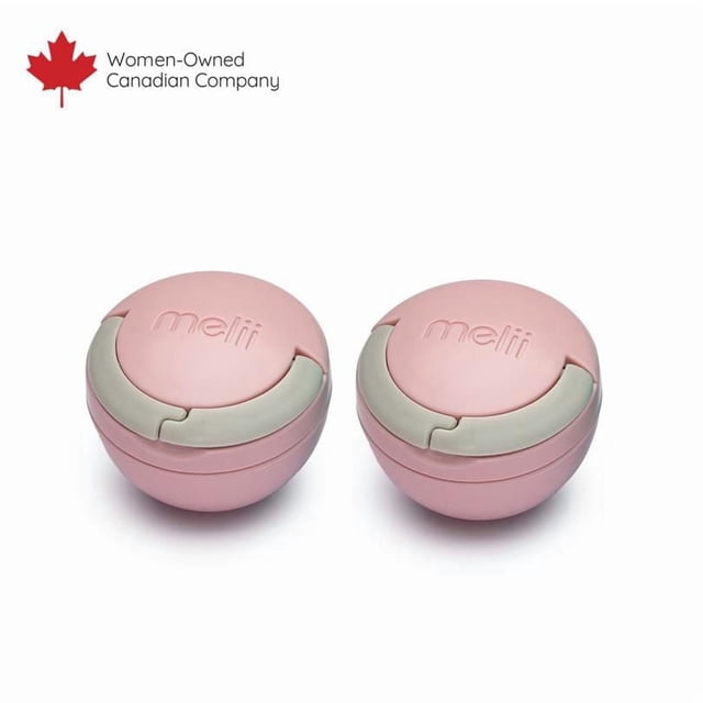 Pacifier Pods by Melii, two round pink pacifier holders with grey latches, designed for hygienic storage and easy access to pacifiers, shown side by side on a white background with a Women-Owned Canadian Company maple leaf logo.