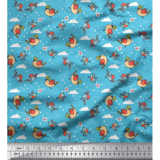 Soimoi Rayon Fabric Dot,Cloud & Bird Cartoon Print Sewing Fabric Yard 56 Inch Wide