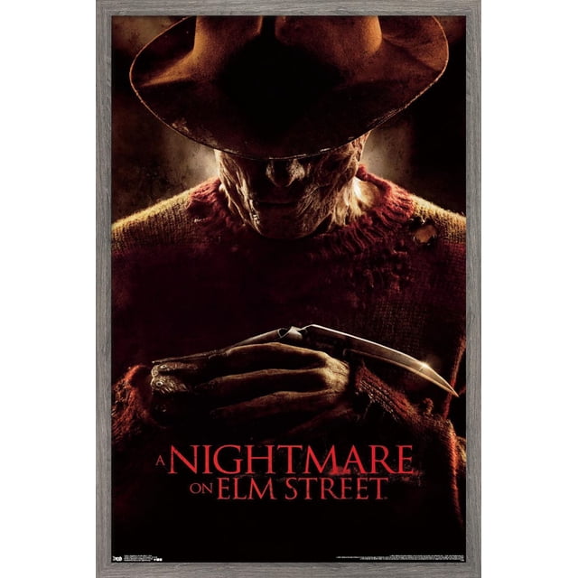 Un Cauchemar sur Elm Street - Affiche Murale 2010, 22,375 Po x 34 Po Encadrée, Représentant Freddy Krueger dans une fedora Brune et un Chandail Rouge et Vert Usé Tenant Sa Gant Griffe en Métal sur un Fond Sombre, Idéal pour une Déco Murale à Thème Horreur.