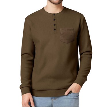 fatyb T-Shirts Décontractés à Manches Longues pour Hommes, Col Ras du Cou, T-Shirts à Boutons, Hauts, Chemises à Manches Longues avec Poche pour Hommes