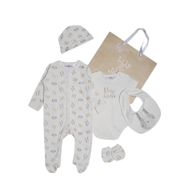 Lily and Jack Lapin des Neiges Ensemble Layette 5 Pcs – Essentiels pour Bébé 100 % Coton, Dormeuse, Cache-Couche et Plus – Cadeau Adorable et Confortable pour Bébés Garçons et Filles