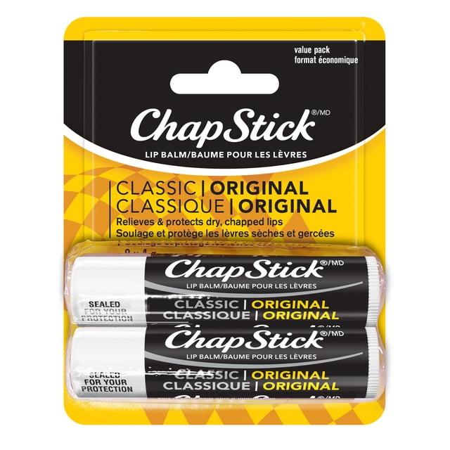 Chapstick Baume à Lèvres Classique Saveur Originale 4 g Lot de Deux en Emballage Jaune et Noir, Scellé pour la protection, Aide à Soulager et à Protéger les Lèvres Sèches et Gercées, Adoucissant et Hydratant pour un Soin Quotidien des Lèvres en Toutes Saisons.