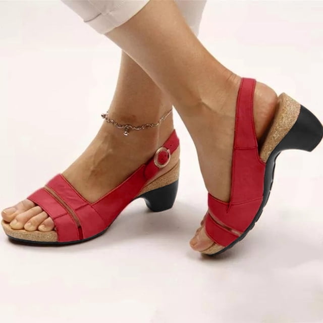 LSLJS Women's Wedge Sandals Solid Color Ankle Strap Low Heeled Sandals Fish Mouth Open Toe Sandals