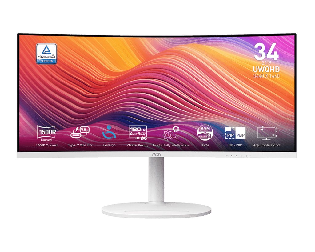 MSI 34" VA 3440 x 1440(UWQHD) Computer Monitor, 120Hz, 1800R Curved, Adaptive-Sync, HDMI, DP, USBC 98W Power Delivery, KVM, Height Adjustable, VESA, Speaker, 1ms, White (Modern MD342CQPW)