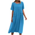 thumbnail image 1 of yoeyez Robes en Coton et Lin pour Femmes pour l'Été, Robes Unies à Col Rond pour Dames, Coupe Ample, Manches Courtes, Robe Midi Décontractée de Plage Évasée Bleu, 3TG, 1 of 7