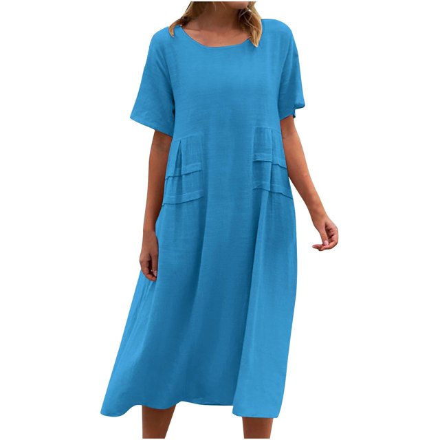 yoeyez Robes en Coton et Lin pour Femmes pour l'Été, Robes Unies à Col Rond pour Dames, Coupe Ample, Manches Courtes, Robe Midi Décontractée de Plage Évasée Bleu, 3TG