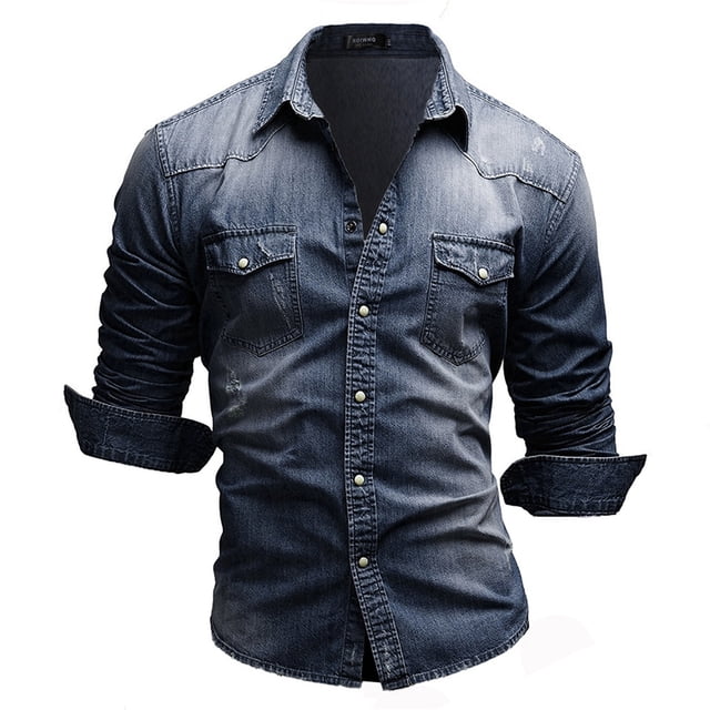 Men Denim Long-Sleeve Beefy Button Basic Solid Blouse Tee Shirt Top in a dark blue denim material. The shirt features a button-up front, two chest pockets with button closures, and long sleeves with rolled cuffs. Designed for casual and daily wear, it pairs well with jeans or slacks. Available in multiple sizes, including M, L, XL, XXL, and XXXL.