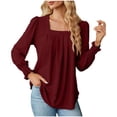 thumbnail image 1 of Besolor Hauts à Encolure Carrée pour Femmes, Blouse à Manches Longues Bouffantes de Printemps, Chic Décontracté, Tunique Ample Plissée à l'Avant, Chemise d'Automne pour 2024, Bourgogne, 1 of 7