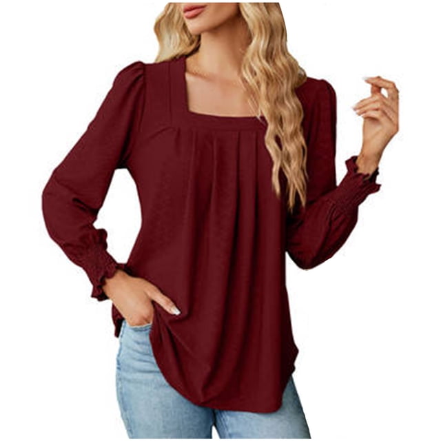 Besolor Hauts à Encolure Carrée pour Femmes, Blouse à Manches Longues Bouffantes de Printemps, Chic Décontracté, Tunique Ample Plissée à l'Avant, Chemise d'Automne pour 2024, Bourgogne
