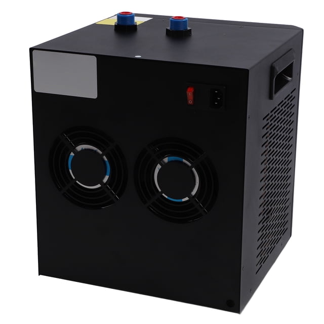 Ice Bath Water Chiller, 79Gal 1/3 HP Cold Plunge Chiller with Pump & Hose by Fyydes, featuring a black alloy steel body with dual cooling fans, inlet and outlet ports, and a power switch. Quiet cooling system with LCD touch screen for temperature control, suitable for ice bath tubs, home, and outdoor use, compatible with seawater and fresh water. Includes remote control, hoses, pump, and installation kit.