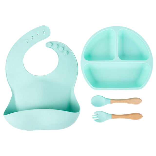 Aqestyerly Children's Feeding Set, including a food-grade silicone suction cup bowl with three compartments, a bib with adjustable snaps, and a fork and spoon with wooden handles. Ideal toddler tableware for infants learning to eat independently, designed for durability and ease of use during mealtime.