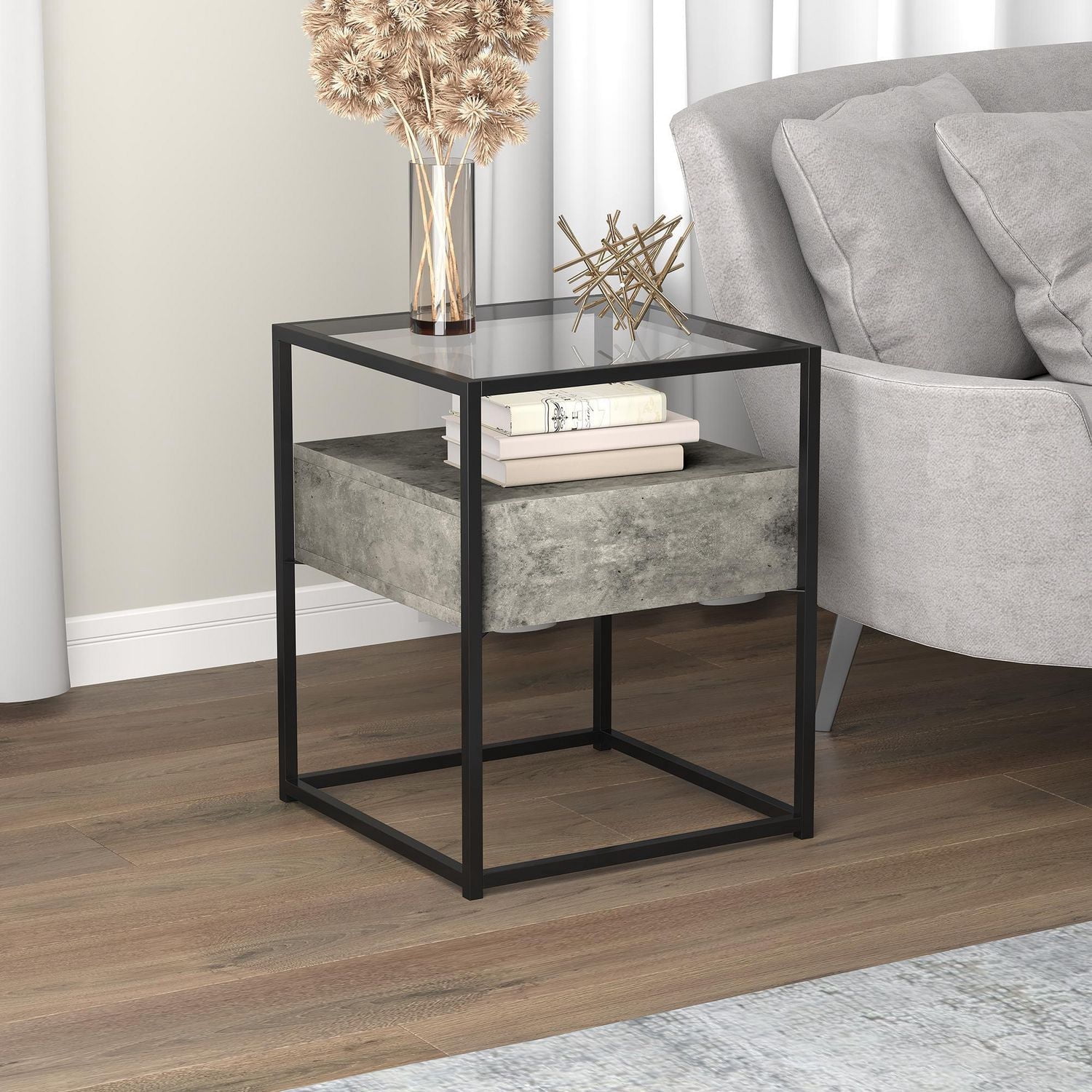 Safdie & Co. Table D'Appoint 17L Ciment Foncé 1 Tirroir Haut En Verre Métal Noir