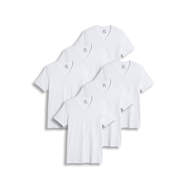 Jockey Men's Big & Tall Classic V-Neck Undershirt - 6 Pack, featuring six white V-neck undershirts made from breathable 100% cotton fabric. These undershirts have a relaxed fit, stay-tucked length, and a stay-flat collar for a polished look. Enhanced with Staycool+ technology to wick away moisture and StayNew technology to reduce pilling and fading, ensuring long-lasting comfort and durability. Ideal for layering under dress shirts or wearing casually.