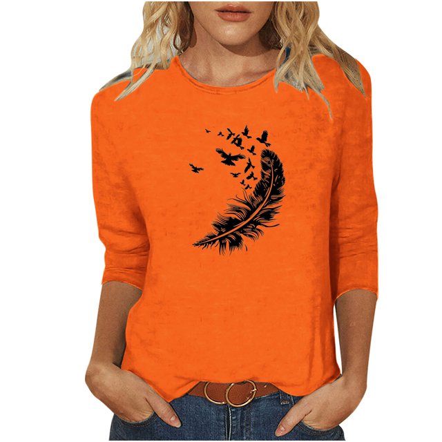 Dadaria Tee Femmes Chemise Orange Manches 3/4 T-Shirt Col Rond Grandes Tailles Hauts Été Chandail Blouses 3TG