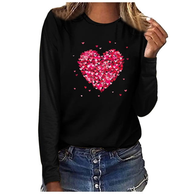 Qertyioot Chandail Cœur d'Amour Valentines Day Grande Taille à Enfiler, Haut à Manches Longues Imprimé à Col Rond pour Femmes