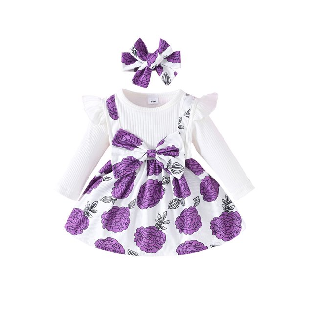 EYIIYE Tenues d'Automne pour Bébé Fille Combinaison à Manches Longues avec Nœud devant Robe Florale Nouveau-Né Col Rond Robe à Bretelles avec Bandeau Ensemble Mignon et Doux