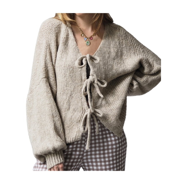 FOCUSNORM Women Knit Cardigan Long Sleeve Tie-up Solid Fall Casual Jacket Sweater for Daily Street