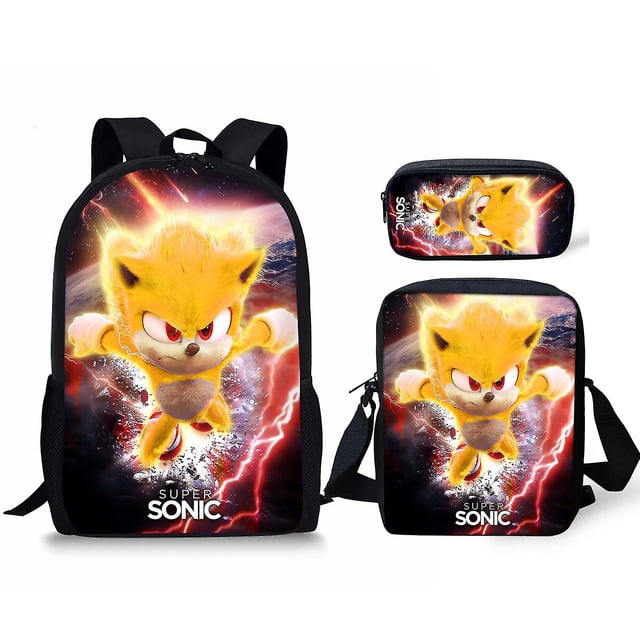 Sonic Primary School School Bag Three-piece Set with Super Sonic anime cartoon graphics. Includes a 17-inch kids backpack, shoulder bag, and pencil case made of durable Oxford cloth. Features breathable, waterproof, and wear-resistant material, ideal for school supplies. Designed for unisex use, suitable for primary and middle school students. Equipped with air cushion straps for comfort and a childlike, cute style.