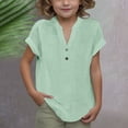 thumbnail image 2 of DecSea Linen Shirts for Kids 2025 Summer Button Down V Neck Short Sleeve Tops Casual Solid Blouses, 2 of 9