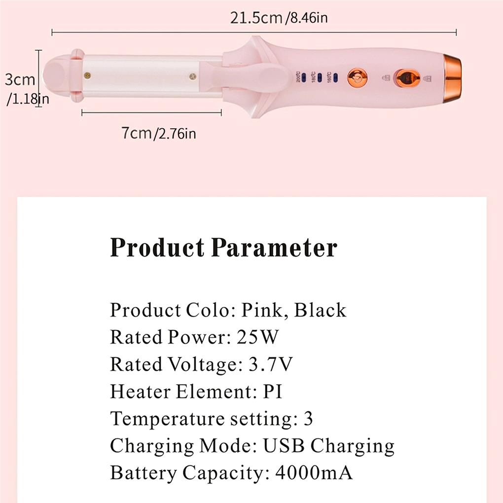 2-in-1 Curling Iron Rechargeable Hair Curler Portable Hair Curling Wand with 3 Temperature Modes PI Heating Technology for Women Home Traveling