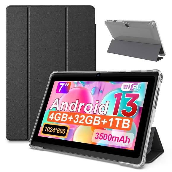 FITIFUN 7 inch Android Tablet with Case, 4(2+2)GB RAM 32GB ROM, Quad-Core, HD Display, Wifi, Dual Camera, Black