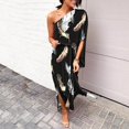 thumbnail image 3 of Robes à une Épaule pour Femmes Manches Mi-Longues Mode Imprimé Bohème Robe Maxi Ample Fluide Fendue Aguichant Robe de Plage, 3 of 5