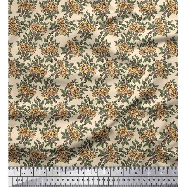 Soimoi Polyester Crepe Fabric Leaves & Floral Block Print Fabric by Yard 42 Inch Wide