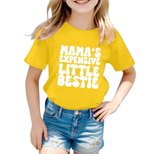 Girls Softball under Shirts Ruffle Girl Clothes Children's Casual Letter Pattern Print Multicolor Round Neck Short Sleeves