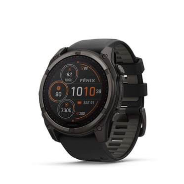 Montre intelligente GPS Garmin fēnix® 8 avec objectif en saphir solaire - 51 mm - Titane DLC gris carbone avec bracelet en silicone noir/gris galet