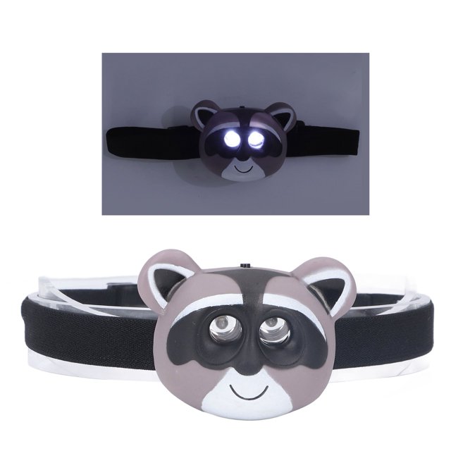Kids Headlamp Cute Animal Headlamp Raccoon Appearance 2 Lighting Modes Lightweight Battery Powered Plastic LED Headlight Button Control For Children White Light