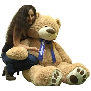 Custom Personalized Big Plush Giant Teddy Bear 5 Feet Tall - Your Name or Message Imprinted on Bear's Blue Neck Ribbon Bow - Tan Color with Bigfoot Paws Giant Stuffed Animal Bear