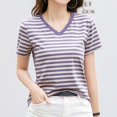 thumbnail image 2 of Women's Striped Retro Top Korean Style Full Loose Round Neck Short Sleeve Design Sense Color Contrast T Shirt, 2 of 4