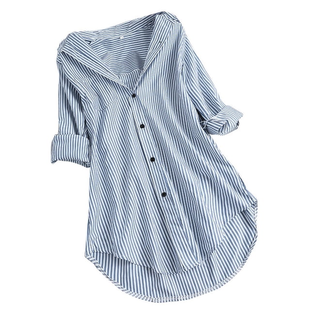 Timegard Womens Shirts Striped Long Sleeve Lapel v Neck Button up Tops Fall Casual Work Loose Blouse