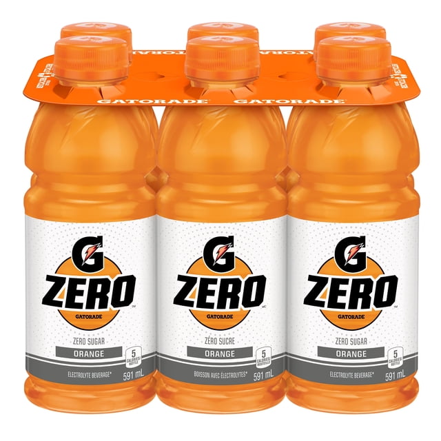 Gatorade Boisson Électrolytique Orange Sans Sucre 6 x 591 ml Bouteilles avec Liquide Orange et Étiquettes Blanches Mettant en Vedette le logo Gatorade Zéro, Zéro Sucre et les Détails de Boisson Électrolytique, Convient à la Réhydratation et à l'Équilibre des Électrolytes pendant le Sport Ou l'Exercice.