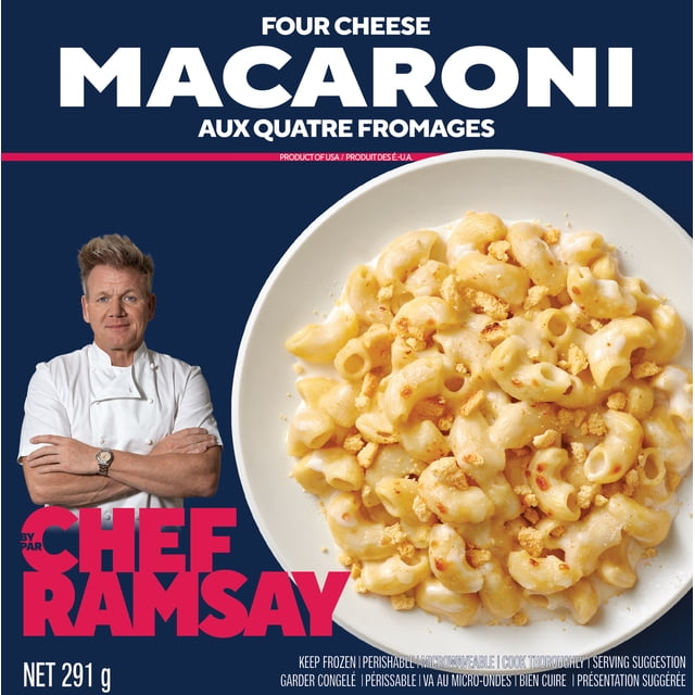 By Chef Ramsay Four Cheese Macaroni, 10.25 oz bowl featuring creamy elbow macaroni coated in a rich sauce of mozzarella, fontina, Parmesan, and provolone cheeses, topped with crunchy golden cornbread crumbs on a white plate against a dark blue background with bold white and red text.