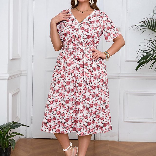 Ovzne Robes pour Femmes 2025 Robe Mode Femmes Impression Fleur Dentelle Col en V Manches Courtes Taille Élastique Robe de Vacances Manches Courtes Imprimée Liquidation